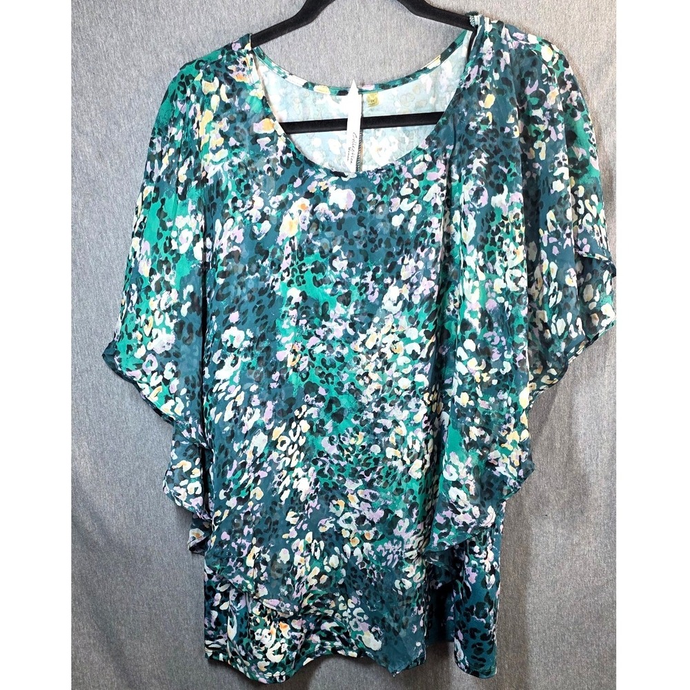 NY Collection Layered Blouse Plus Size 2X Pink Green Sheer Floral Flutter Sleeve